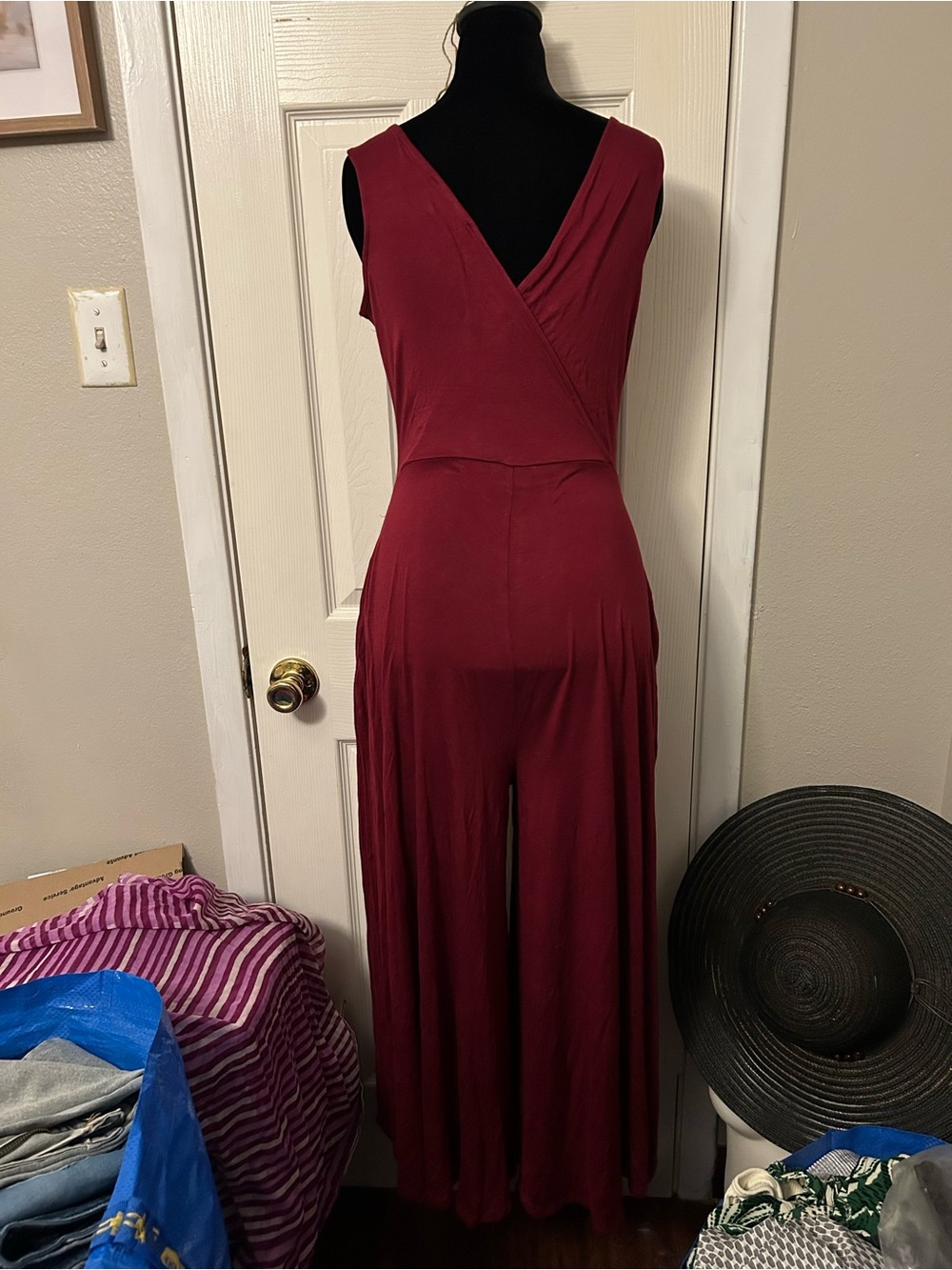 Zenana Outfitters Sleeveless Burgundy Wide-Leg Jumpsuit - Picture 2 of 5